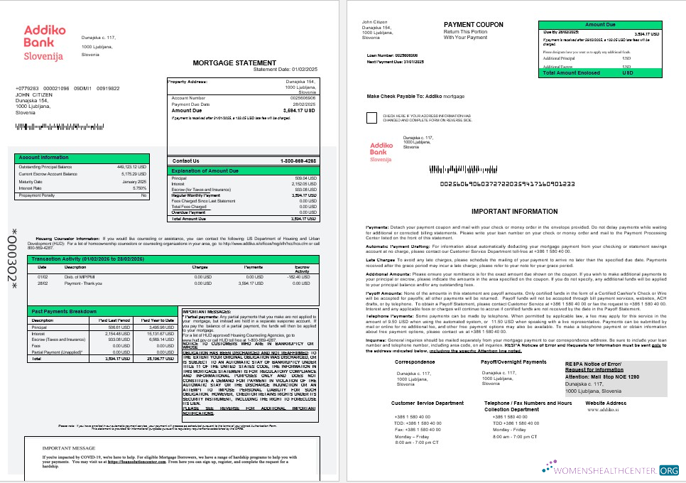 Download Slovenia Addiko bank mortgage statement in Word and PDF formats 1 2 Photoshop template